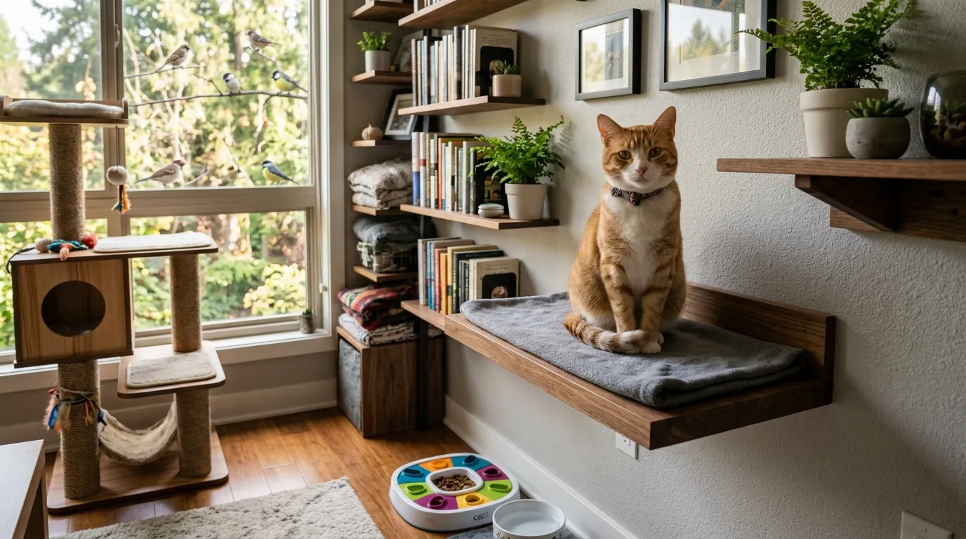 Is it ok to have a cat in a small apartment— contented cat thriving in a well-designed small apartment with vertical shelves and window enrichment showing the answer is yes