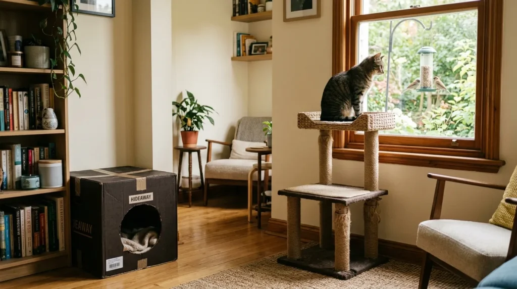 small apartment cat challenges solved — cat calmly using a hiding spot and elevated perch in a compact apartment showing practical solutions to small space cat problems