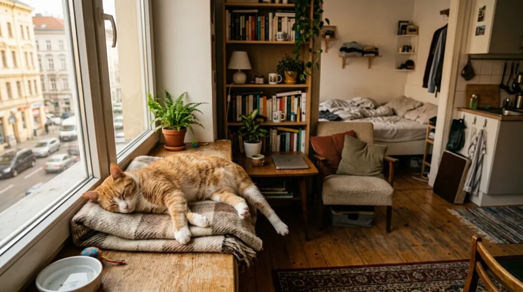 is it ok to have cat in small apartment evidence — cat sleeping contentedly in a compact studio showing cats measure happiness through security not square footage