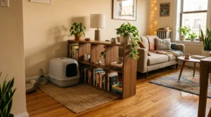 small apartment cat litter box placement — litter box positioned behind a room divider in a compact studio showing odor management through strategic placement