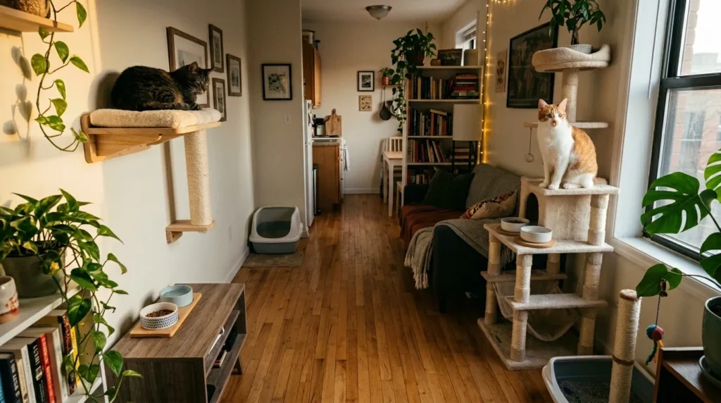 two cats in small apartment — two cats on separate elevated perches in a compact studio showing successful multi-cat small apartment living through resource duplication