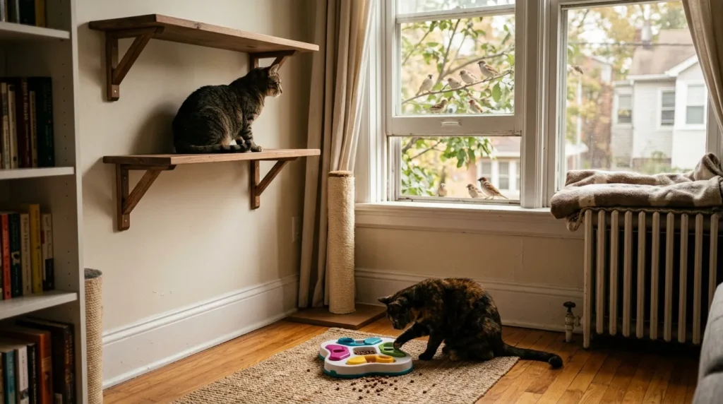 small apartment cat happiness factors — cat using vertical space window and puzzle feeder simultaneously in a compact apartment showing the three key enrichment elements