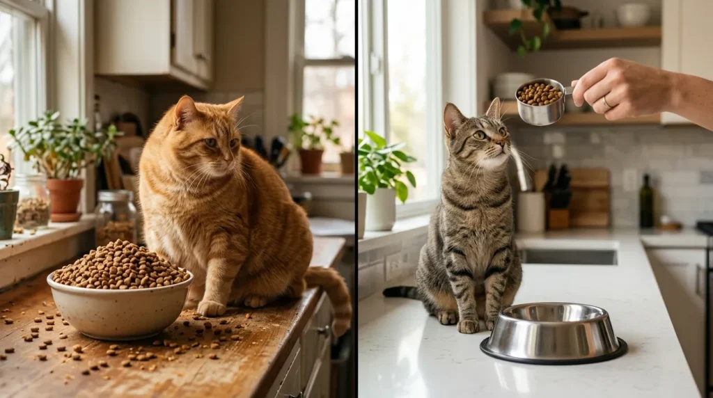 kitten feeding frequency indoor — small gray kitten eating from appropriately portioned bowl on apartment kitchen floor