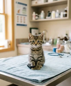 kitten vaccination series — small tabby kitten on vet exam table during first checkup 