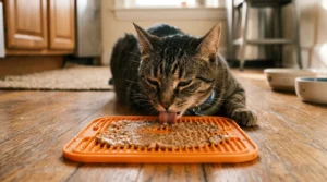 lick mat cat food begging reduction — cat licking wet food from textured mat on apartment kitchen floor looking calm