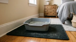 litter box placement two cats apartment — large uncovered litter box on rubber mat in apartment bedroom corner
