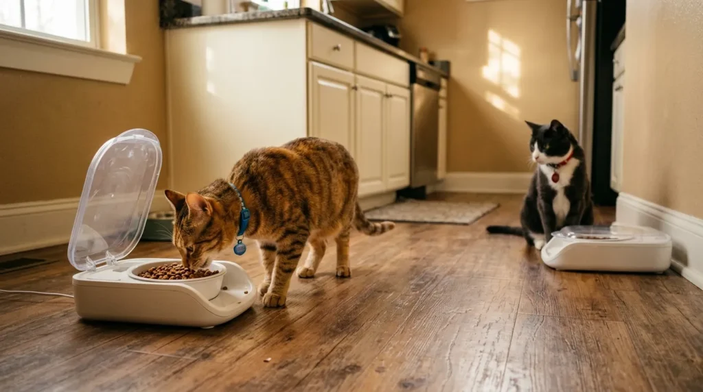 microchip feeder separate multiple cats different diets — feeder opening for registered cat while second cat's feeder stays closed in apartment kitchen