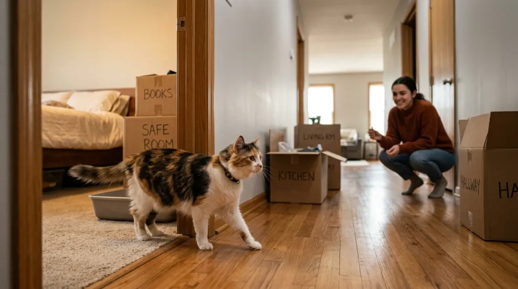 moving to new apartment with cat expansion — cat cautiously exploring a new apartment hallway for the first time while owner watches from doorway showing gradual territory expansion