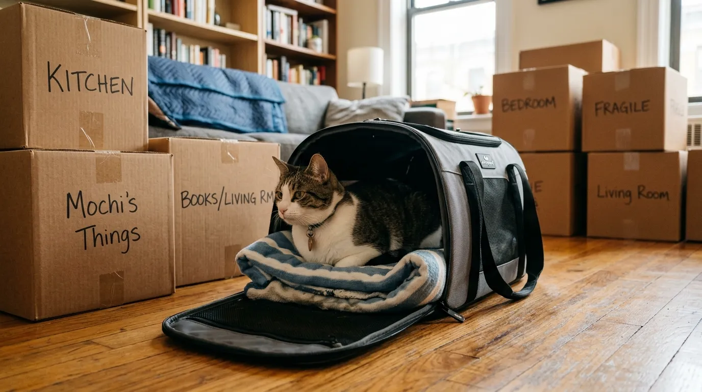 moving to new apartment with cat — cat sitting in a carrier surrounded by moving boxes looking calm and settled showing a well-managed apartment move