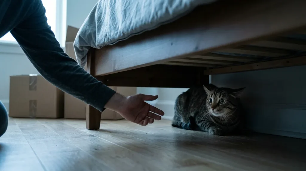 moving to new apartment with cat mistake — owner forcing a stressed cat out from under a bed in a new apartment showing the error that extends adjustment time