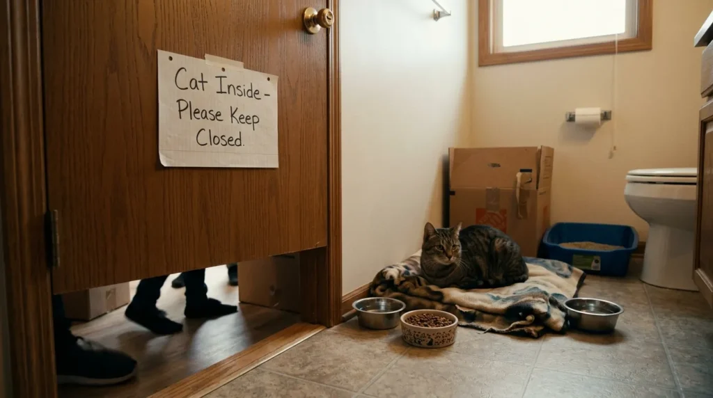 moving to new apartment with cat moving day — cat confined to a quiet bathroom room with food water and litter while moving boxes are packed outside showing the safe room strategy