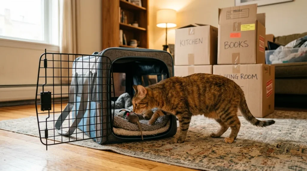 moving to new apartment with cat preparation — cat investigating an open carrier with familiar bedding inside showing positive carrier conditioning before moving day