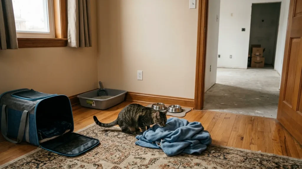 moving to new apartment with cat safe room — cat exploring a newly set up safe room with familiar bedding food and litter in the new apartment showing the first arrival setup