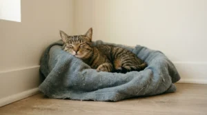 cat scent soaker moving apartment — cat pressing face into familiar bedding in new apartment using scent to assess the safety of the new environment