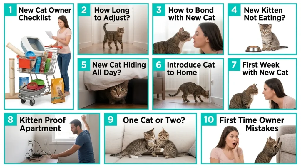 new indoor cat guide complete — realistic infographic showing 10 cluster article topics in a grid for new cat owners