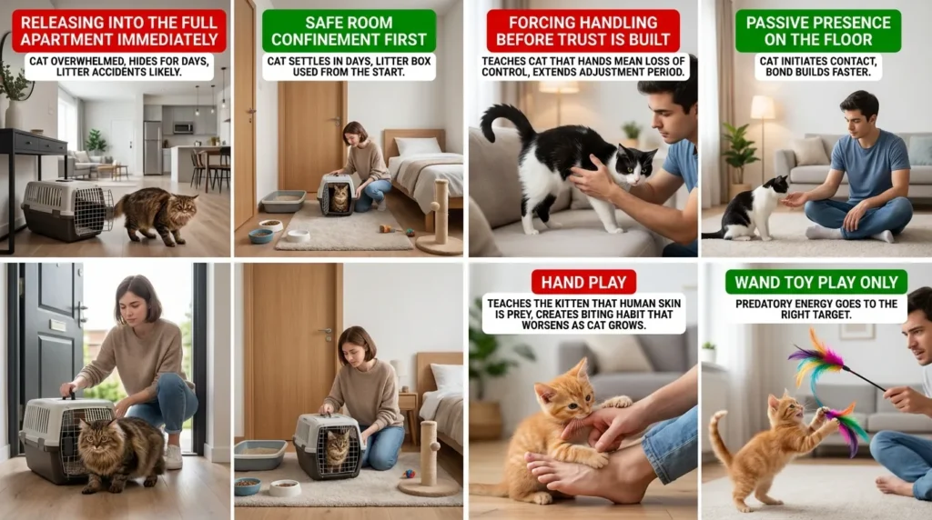 first time cat owner mistakes to avoid — realistic infographic showing 3 most common new cat owner errors with correct approaches 