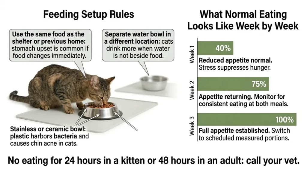 new indoor cat feeding and hydration setup — realistic infographic showing correct feeding station placement and what to feed a new cat