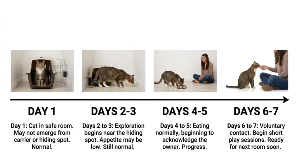  first week with new cat what to expect — realistic infographic showing a day by day adjustment timeline for new indoor cats