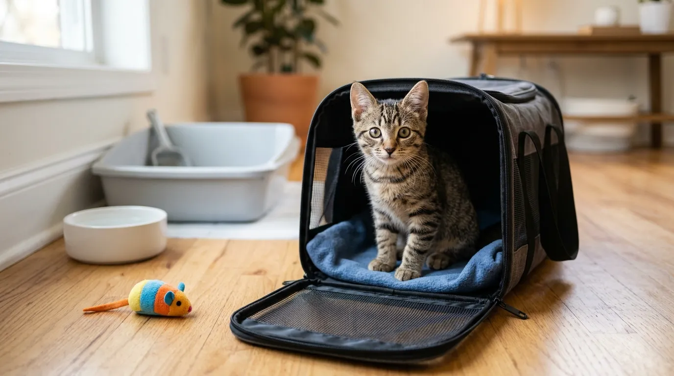 new indoor cat — a real tabby kitten sitting inside an open cardboard carrier on an apartment floor, looking up with wide curious eyes, surrounded by a few scattered cat toys and a litter box visible in the background