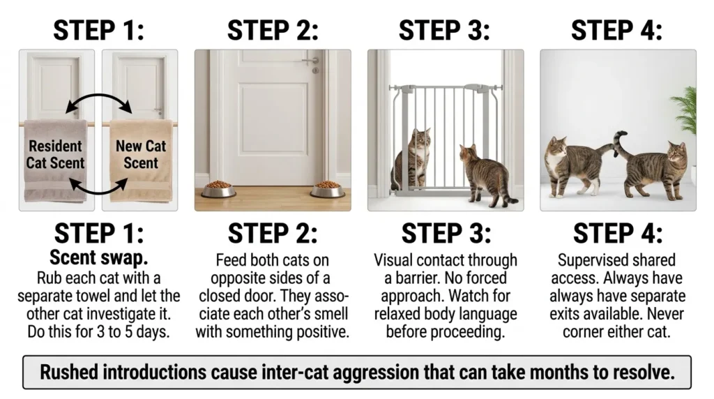how to introduce new cat to resident cat or dog — realistic infographic showing step by step scent swap introduction protocol 