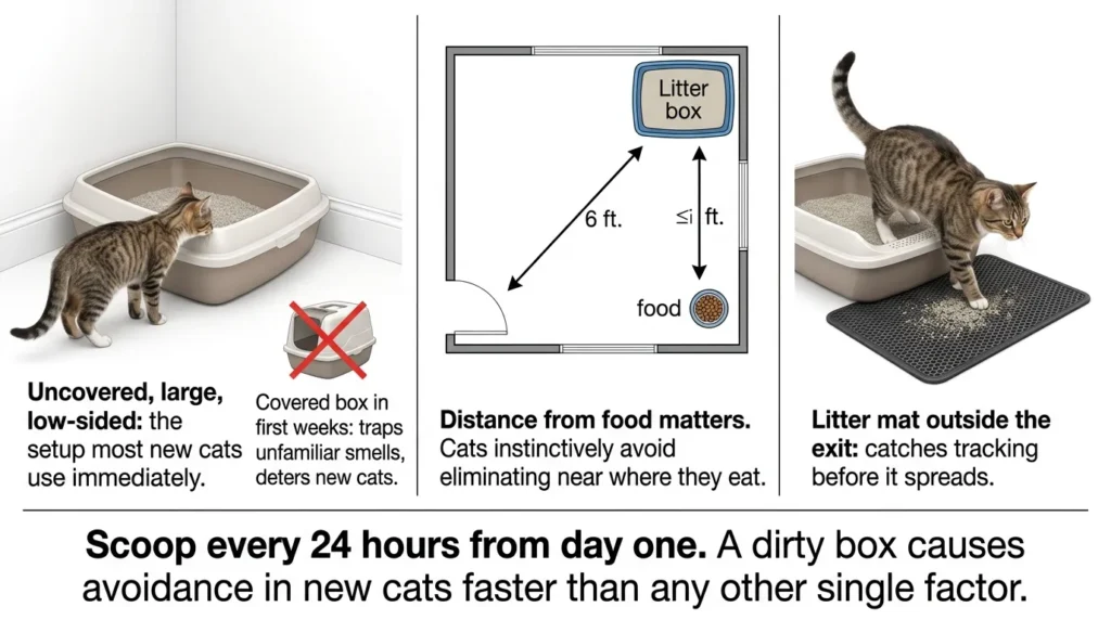 new cat litter box training setup — realistic infographic showing correct litter box placement size and type for a new indoor cat