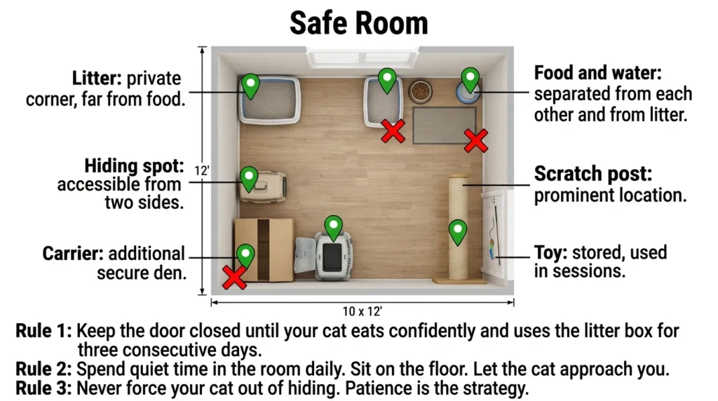 how to introduce new cat to home safe room setup — realistic infographic showing correct safe room layout with zones for litter food hiding and play