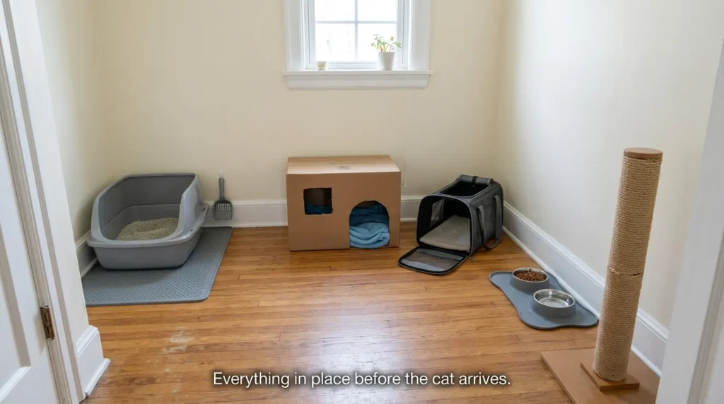 new indoor cat safe room layout — small bedroom converted into safe room with litter box food station hiding spot and scratching post in separate zones