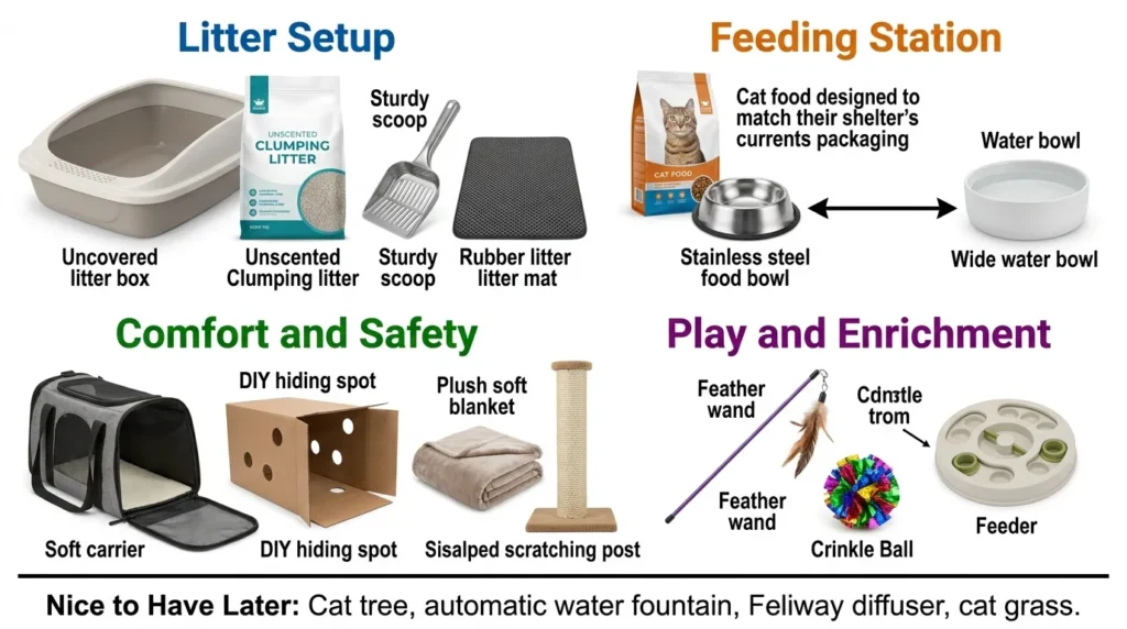 new cat owner checklist what to buy — realistic infographic showing complete new indoor cat supplies organized by category 