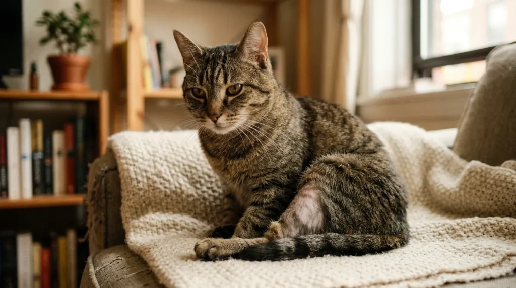 overgrooming sign indoor cat unhappy — cat with thinned fur patch from stress grooming sitting in apartment room"