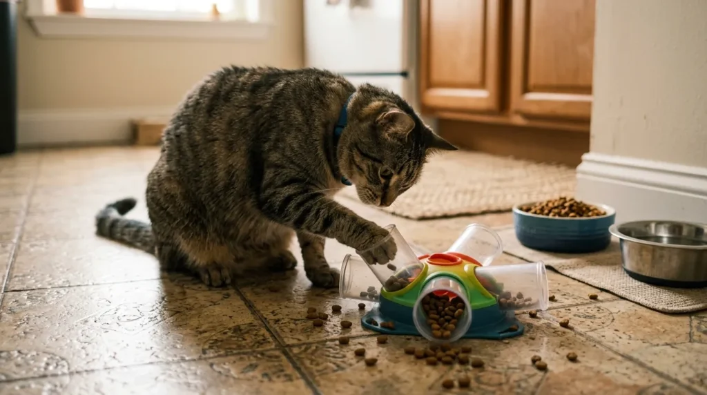puzzle feeder indoor cat always hungry — cat engaged with puzzle feeder on apartment floor with regular food bowl in background