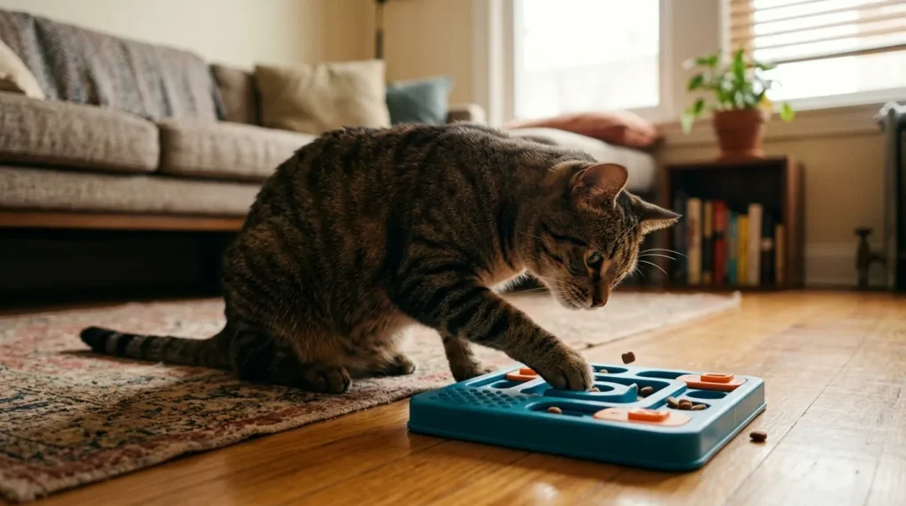 puzzle feeder mental stimulation indoor cat depression fix — tabby cat actively working puzzle on apartment floor