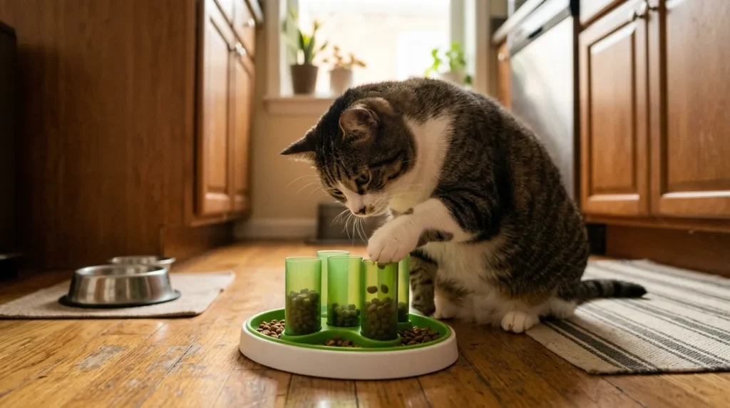 puzzle feeder overweight indoor cat — chubby cat actively working puzzle feeder on apartment kitchen floor for slower eating and exercise