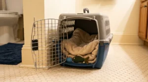 safe room cat carrier first apartment — open carrier with soft blanket and toy on apartment bathroom floor