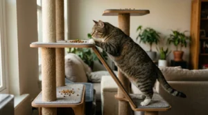 scatter feeding overweight indoor cat exercise — chubby tabby climbing cat tree to find kibble portions on different levels in apartment