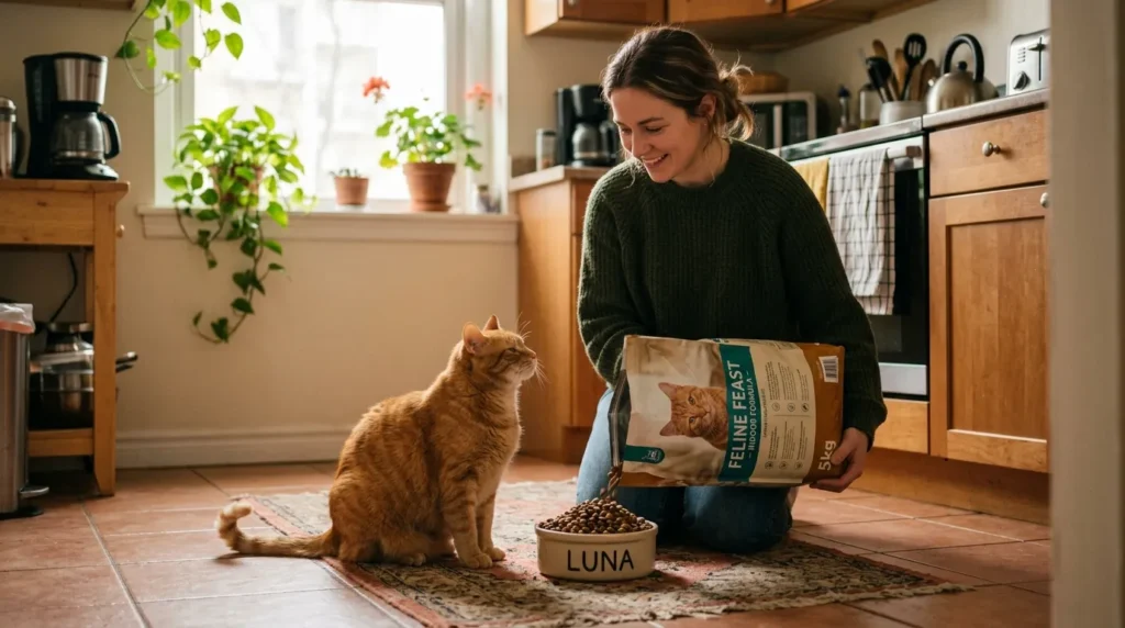 free feeding indoor cat mistake — owner looking fondly at slightly overweight cat while about to refill already full bowl in apartment kitchen