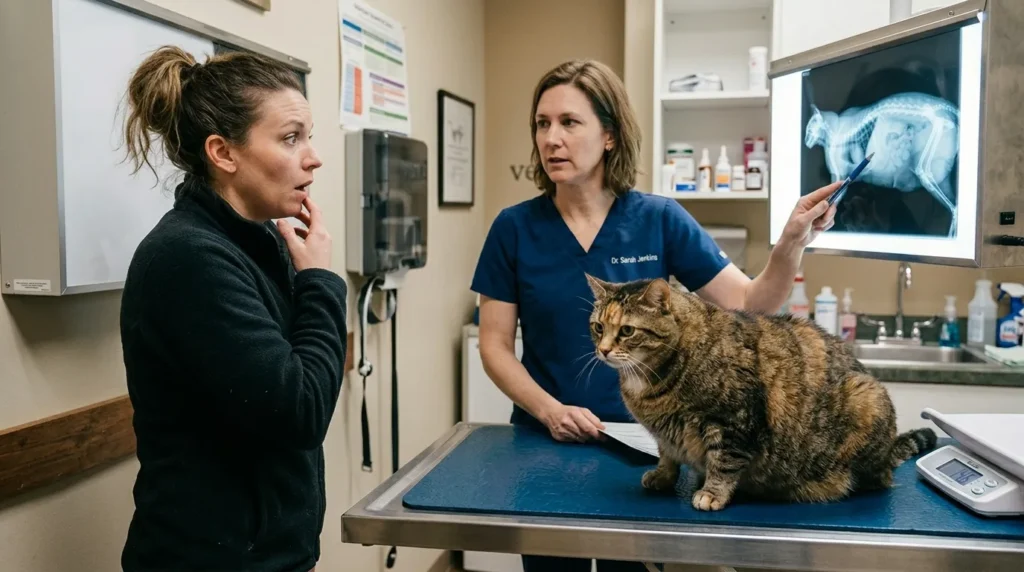 risks of free feeding indoor cats — vet showing overweight cat reading to concerned owner with cat on examination table in clinic