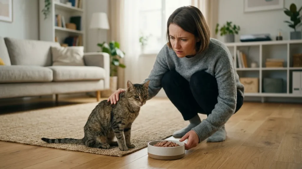 indoor cat appetite change health warning — thin cat uninterested in full food bowl while concerned owner crouches beside it in apartment