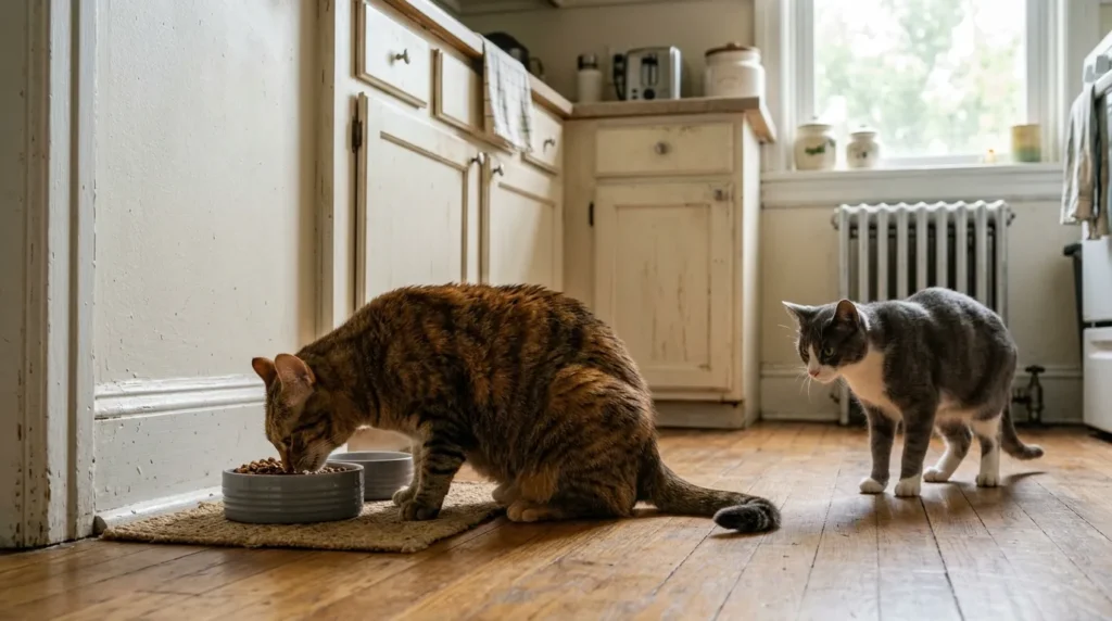 multi-cat free feeding problem — dominant cat eating from shared bowl while smaller timid cat waits unable to access food in apartment kitchen
