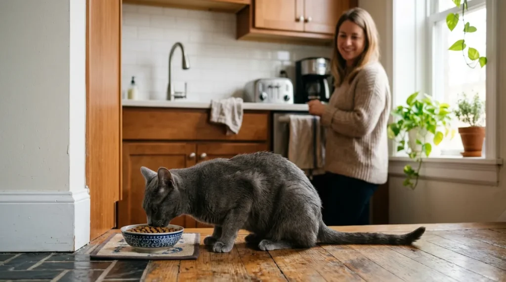 indoor cat self-regulation free feeding — slim healthy gray cat eating calmly from partial bowl in apartment while owner watches