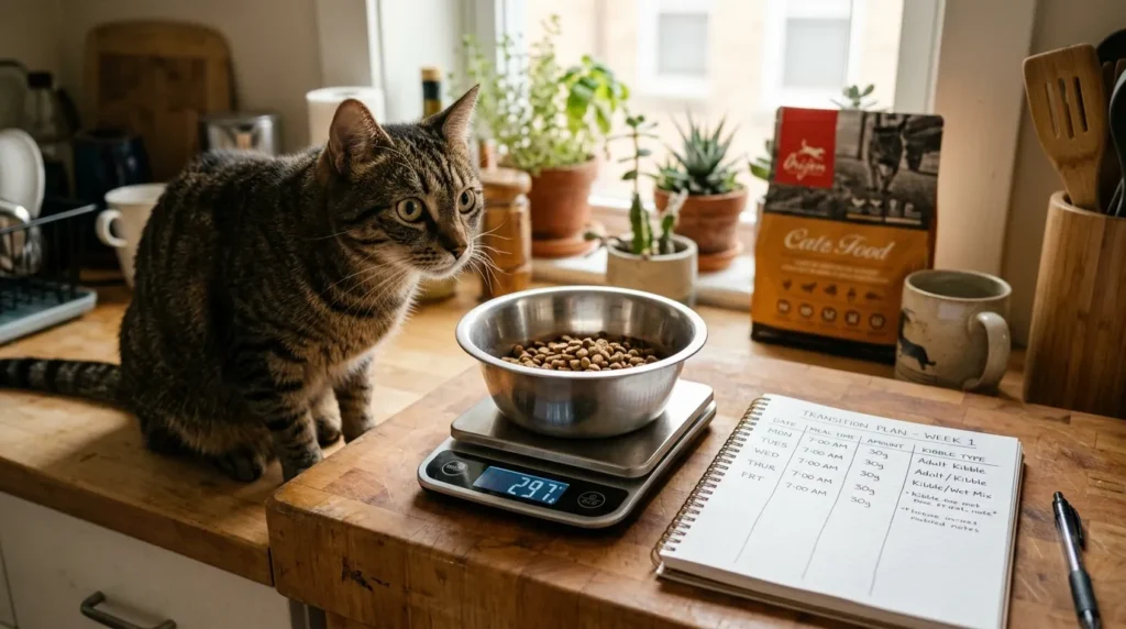 transitioning from free feeding indoor cat to scheduled meals — measured kibble on scale with meal plan notebook and watching tabby in apartment kitchen