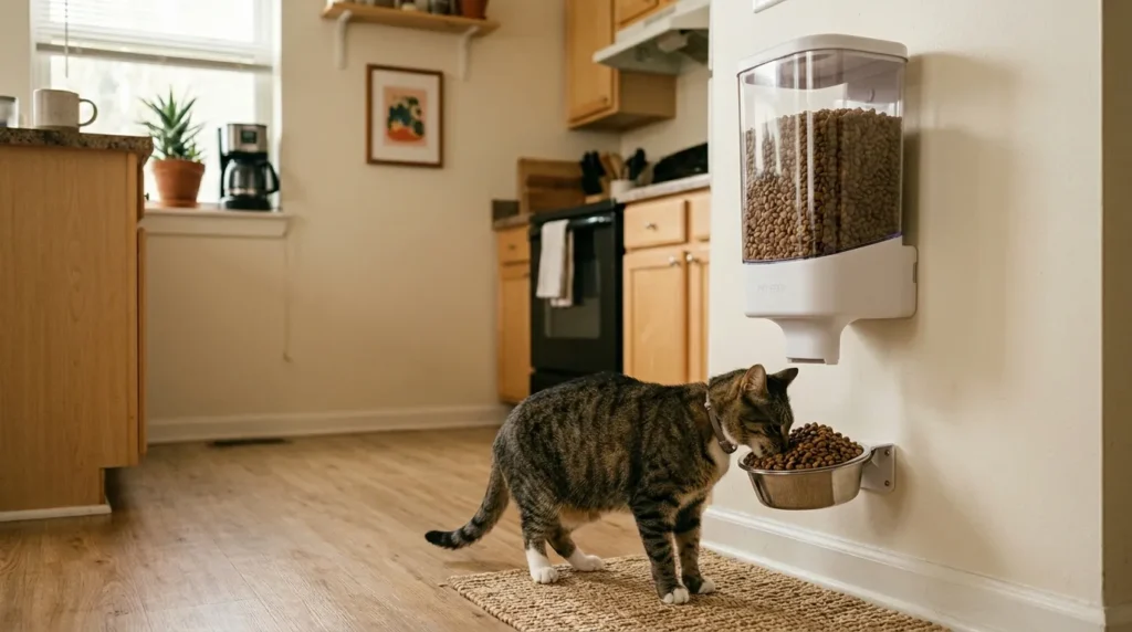what is free feeding indoor cat — gravity feeder with constant kibble available in apartment kitchen with calm tabby eating