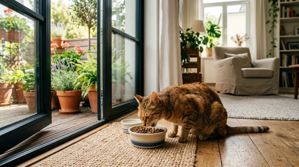 when free feeding works indoor cat — lean active cat eating from partial bowl near balcony door in bright apartment