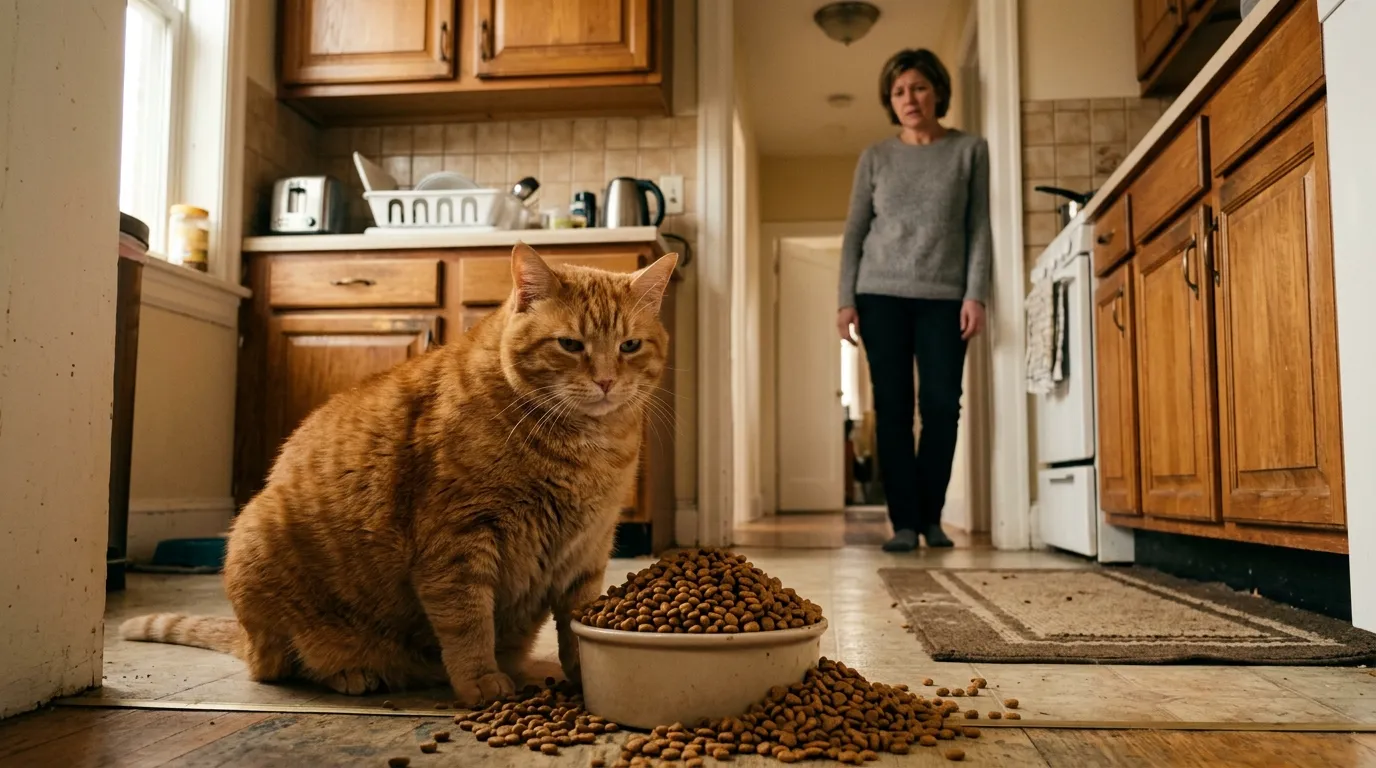 should I free feed my indoor cat — overweight orange cat beside overflowing dry food bowl in apartment kitchen while owner looks concerned