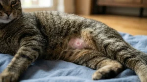 overgrooming bald patch boredom sign — close-up of a cat belly showing a small circular bald patch from repetitive self-grooming behavior