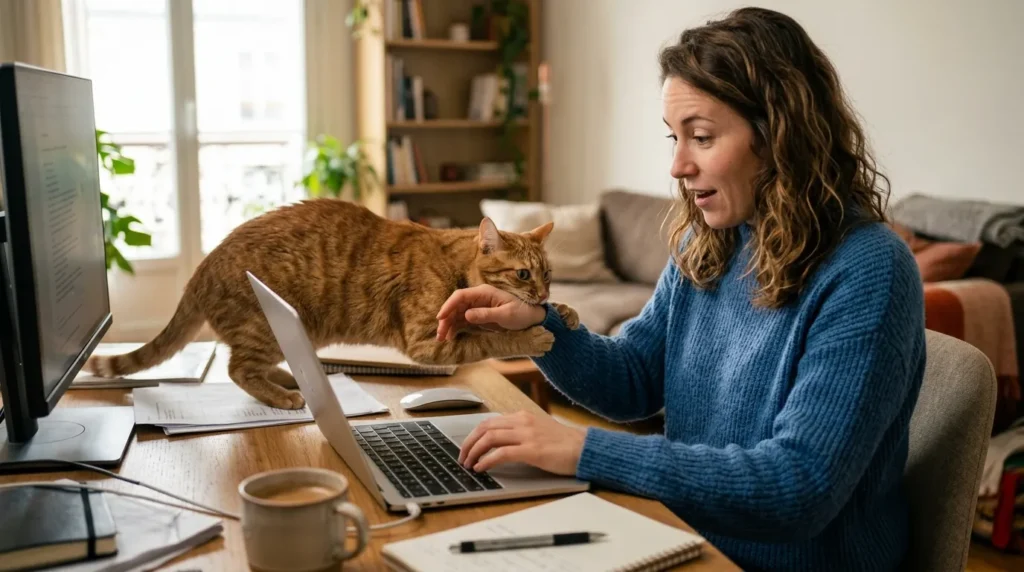 indoor cat boredom aggression — cat biting owner's hand as they work at a desk showing redirected predatory aggression from boredom