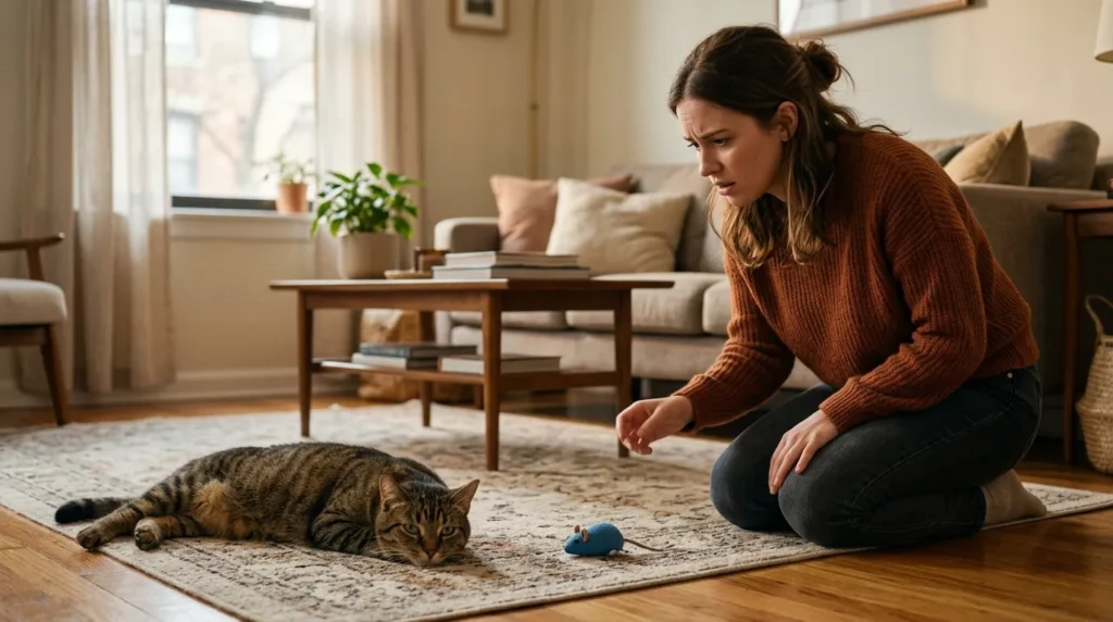 bored indoor cat mistakes — owner throwing a toy at a cat lying flat on the floor and the cat ignoring it completely showing ineffective enrichment attempts