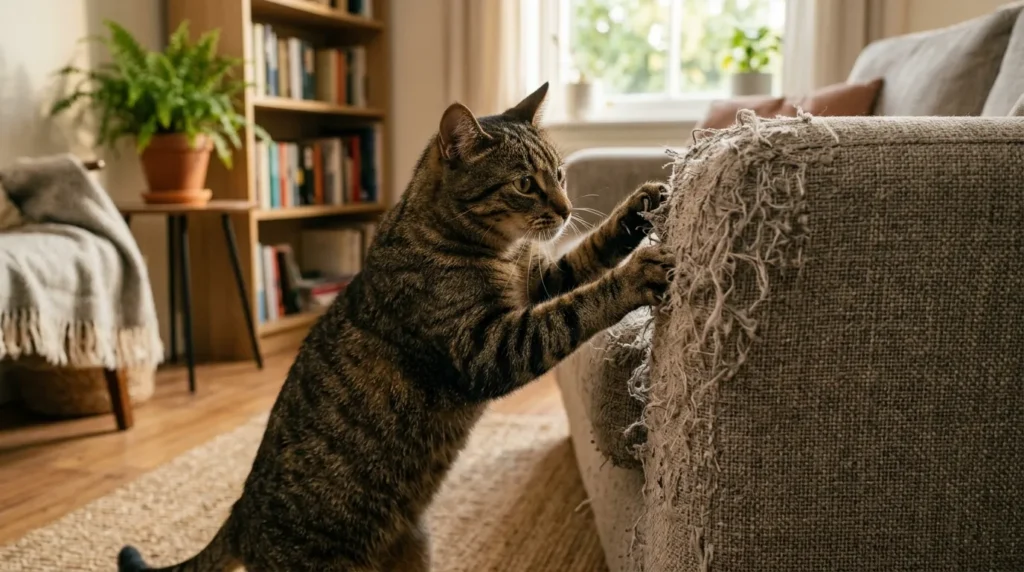 indoor cat boredom destructive behavior — cat scratching apartment sofa aggressively as a sign of boredom and energy with no scratching post nearby