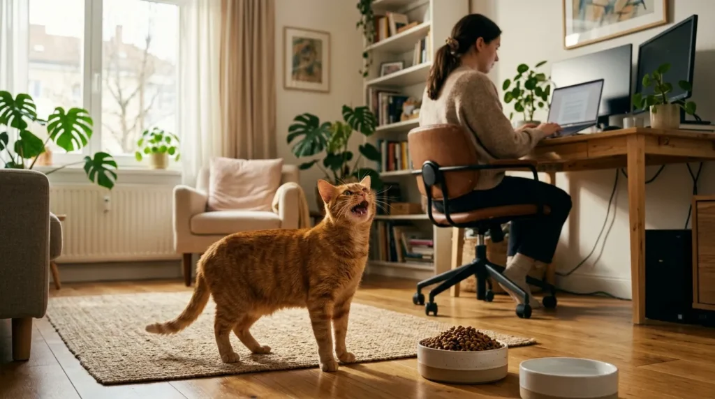 signs indoor cat is bored vocalization — cat meowing loudly at owner in an apartment with a full food bowl nearby showing attention-seeking boredom behavior