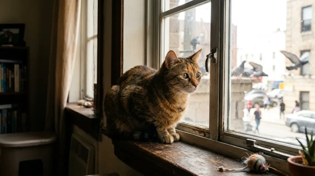 signs indoor cat is bored — listless tabby cat lying flat on an apartment floor staring blankly at the wall with no toys or enrichment nearby