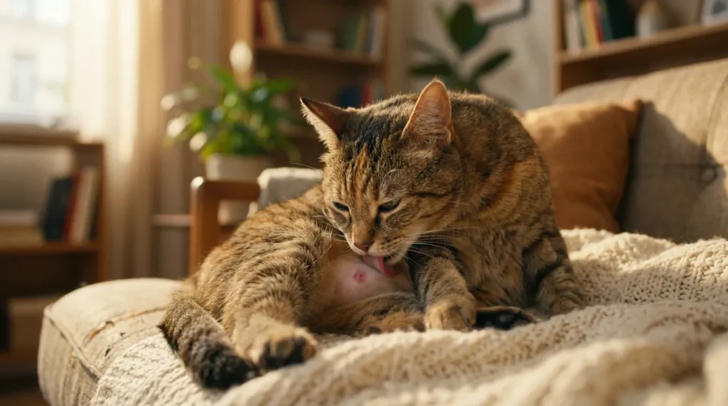 indoor cat boredom overgrooming — cat licking the same spot on its belly repeatedly showing a small bald patch from compulsive stress-related grooming